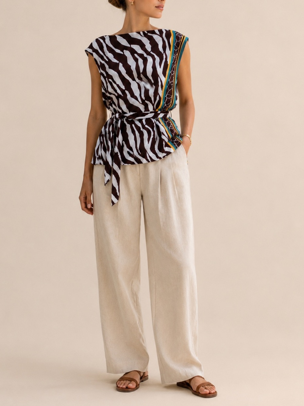 ESCADA Zebra Print Belted Tunic Top Brown White Turquoise Yellow Size L
